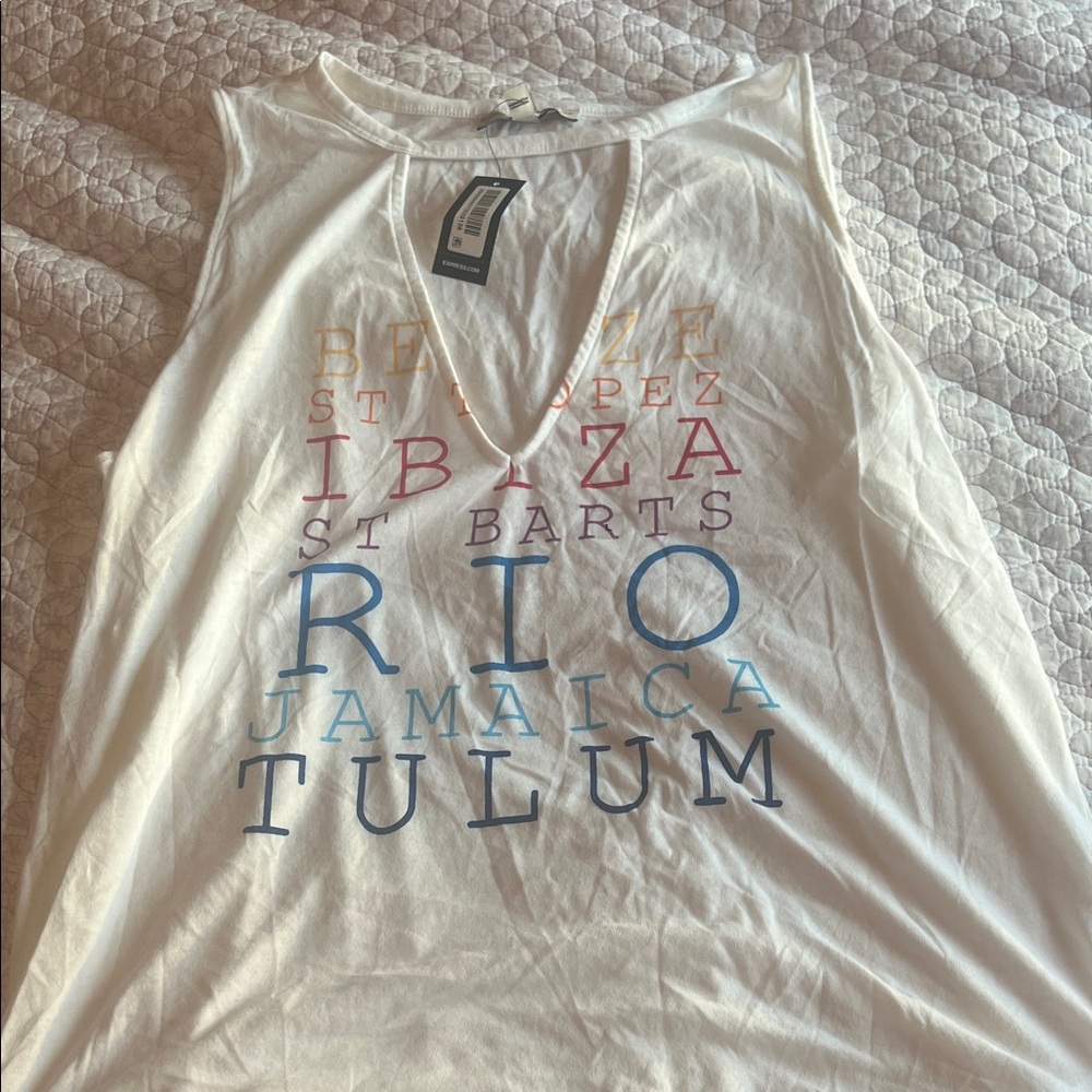 Express White Graphic V-Neck Tank Top with Multicolor Destination Text